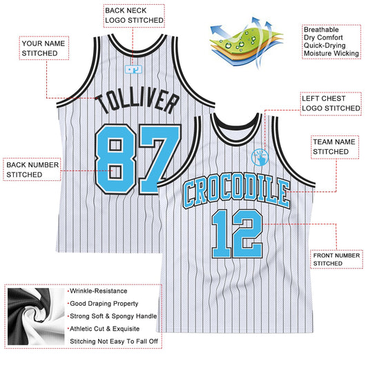 Custom White Black Pinstripe Sky Blue Authentic Basketball Jersey - Sky-Custom