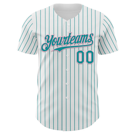 Custom White Teal Pinstripe Light Pink Authentic Baseball Jersey - Sky-Custom