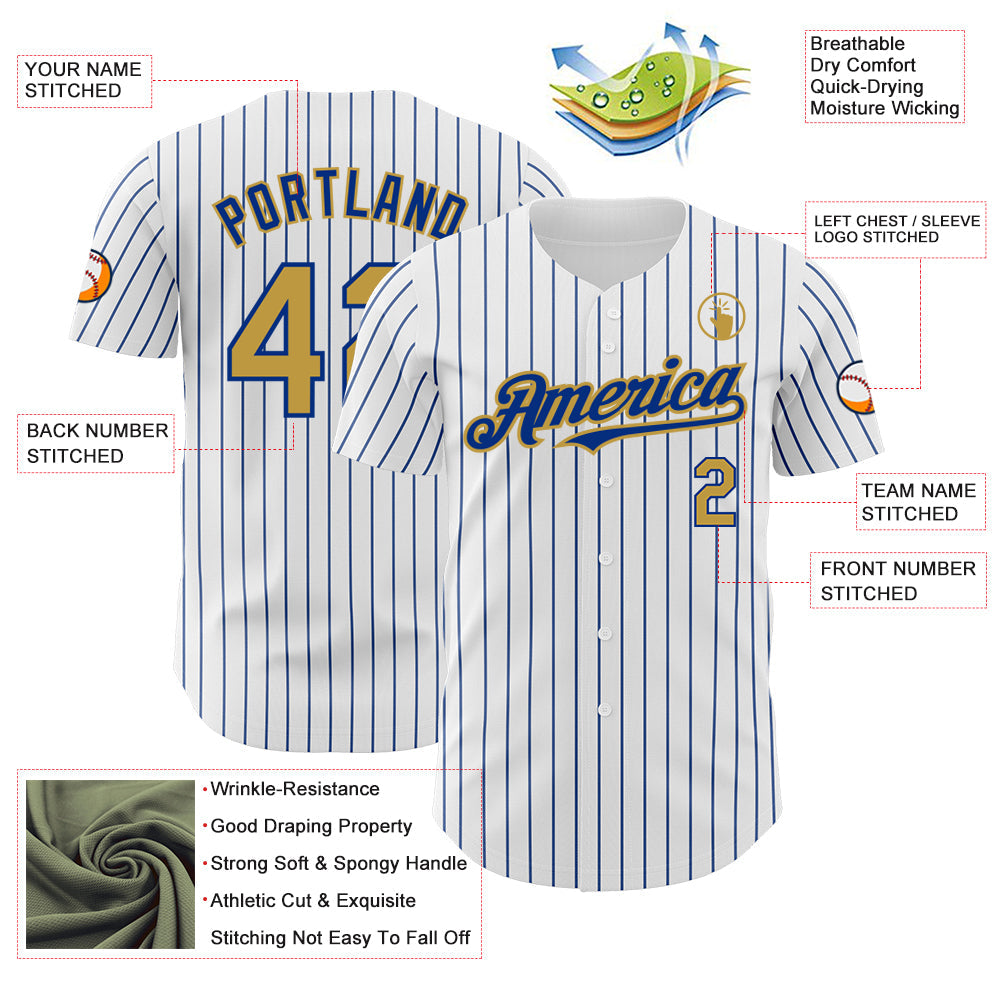Custom White Royal Pinstripe Old Gold Authentic Baseball Jersey - Sky-Custom