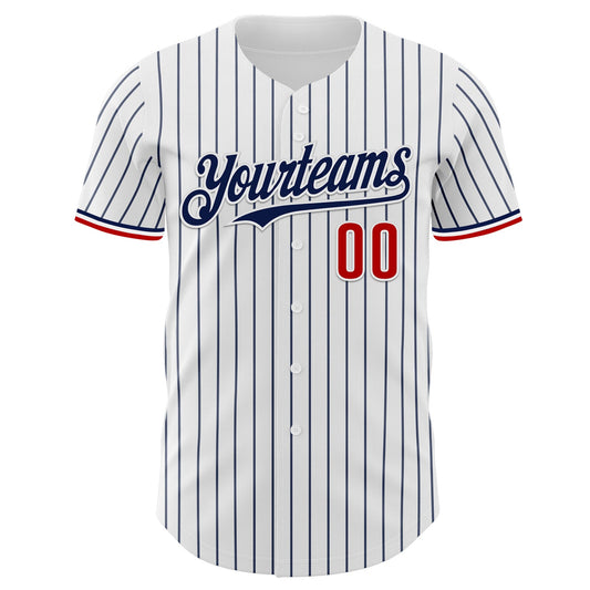Custom White Navy Pinstripe Red Authentic Baseball Jersey - Sky-Custom