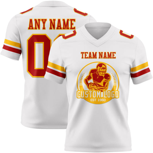 Custom White Red-Gold Mesh Authentic Football Jersey - Sky-Custom