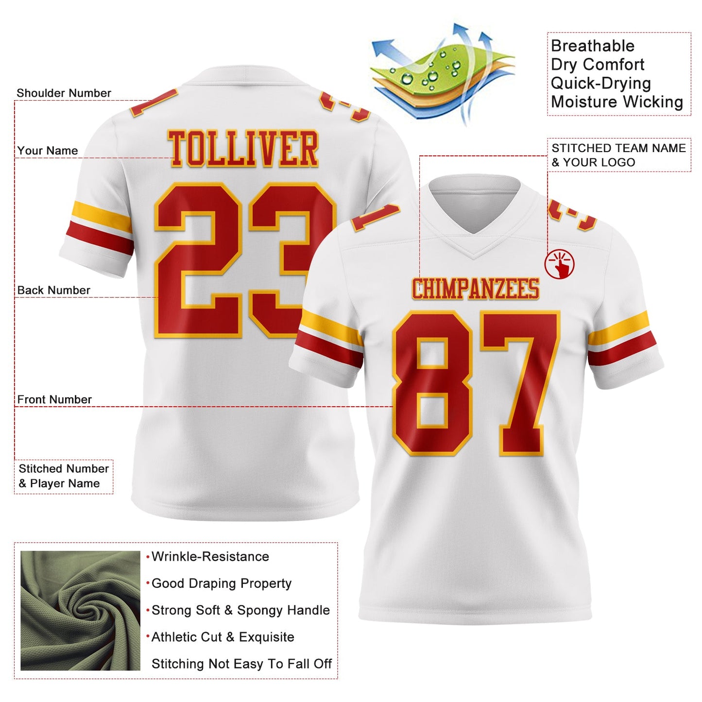 Custom White Red-Gold Mesh Authentic Football Jersey - Sky-Custom