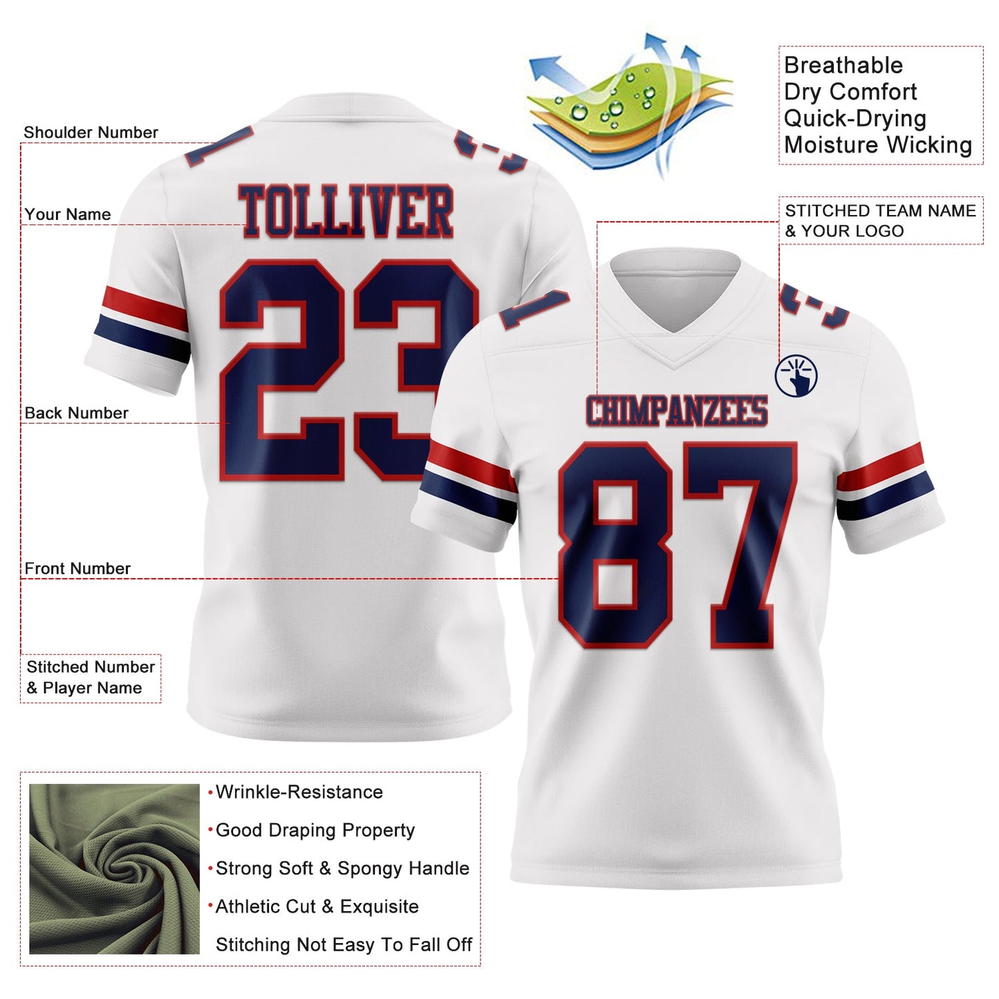 Custom White Navy-Red Mesh Authentic Football Jersey - Sky-Custom