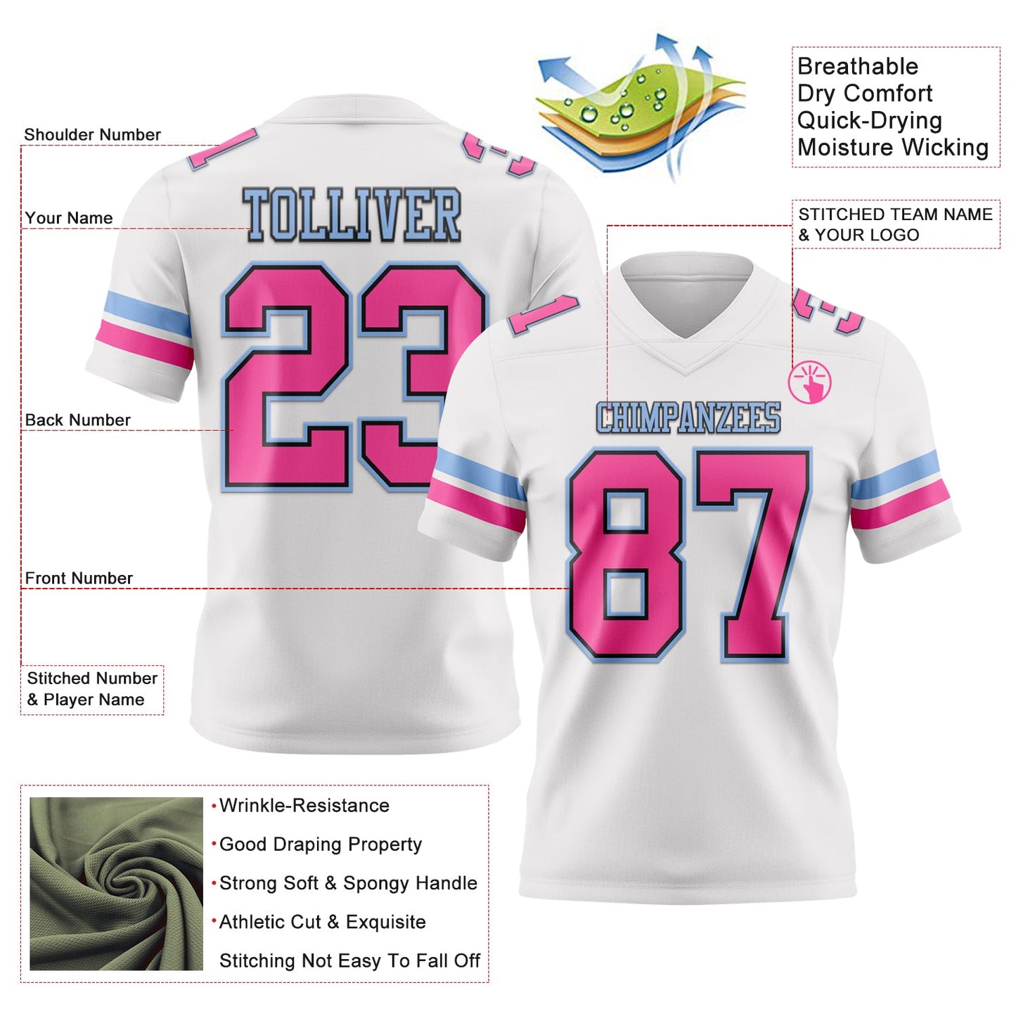 Custom White Pink Black-Light Blue Mesh Authentic Football Jersey - Sky-Custom