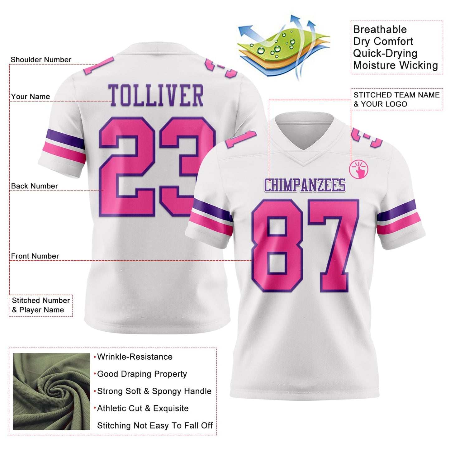 Custom White Pink-Purple Mesh Authentic Football Jersey - Sky-Custom