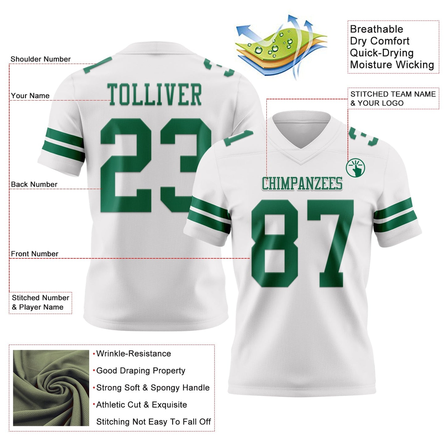 Custom White Kelly Green Mesh Authentic Football Jersey - Sky-Custom