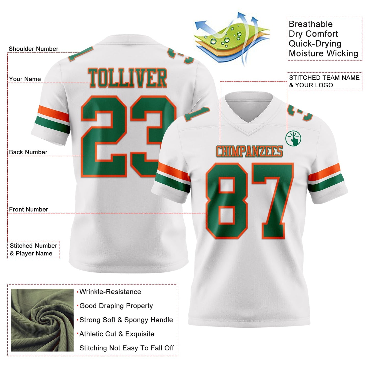 Custom White Kelly Green-Orange Mesh Authentic Football Jersey - Sky-Custom