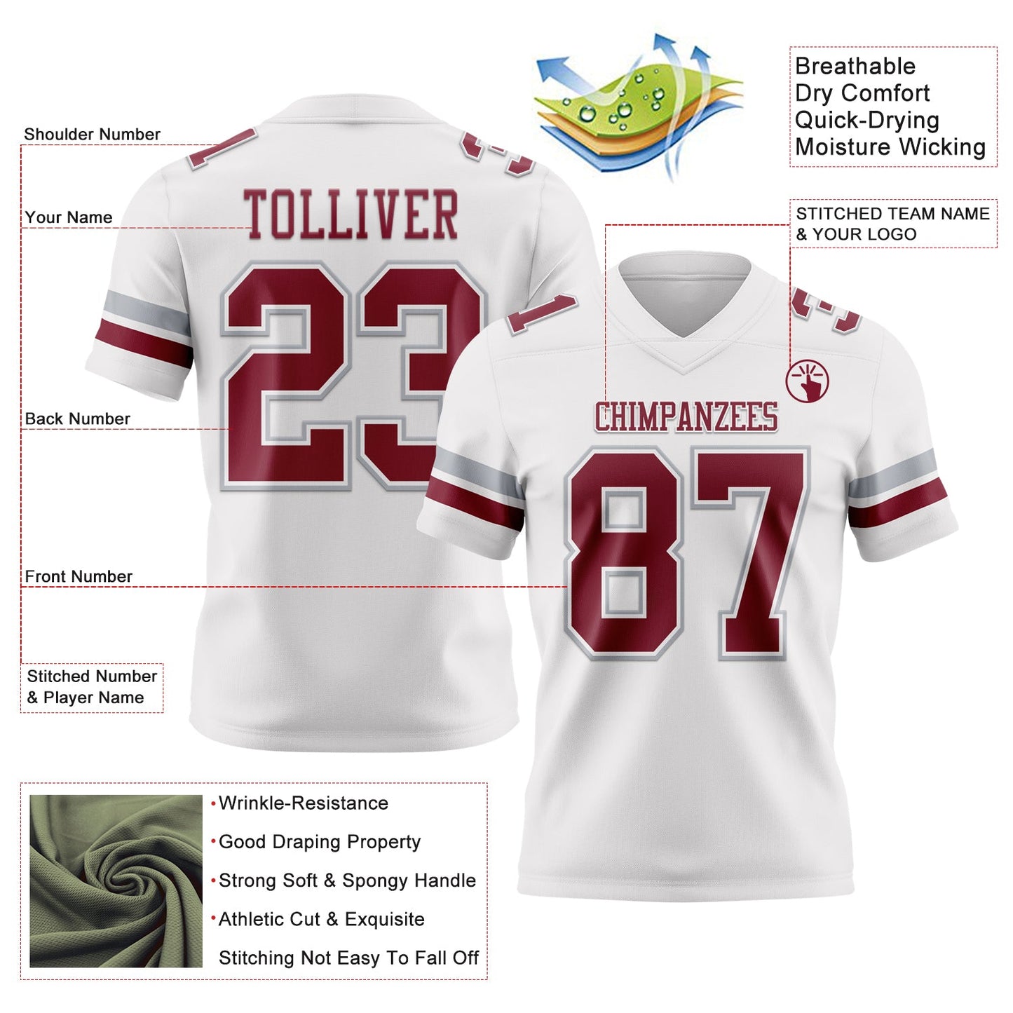 Custom White Crimson-Gray Mesh Authentic Football Jersey - Sky-Custom