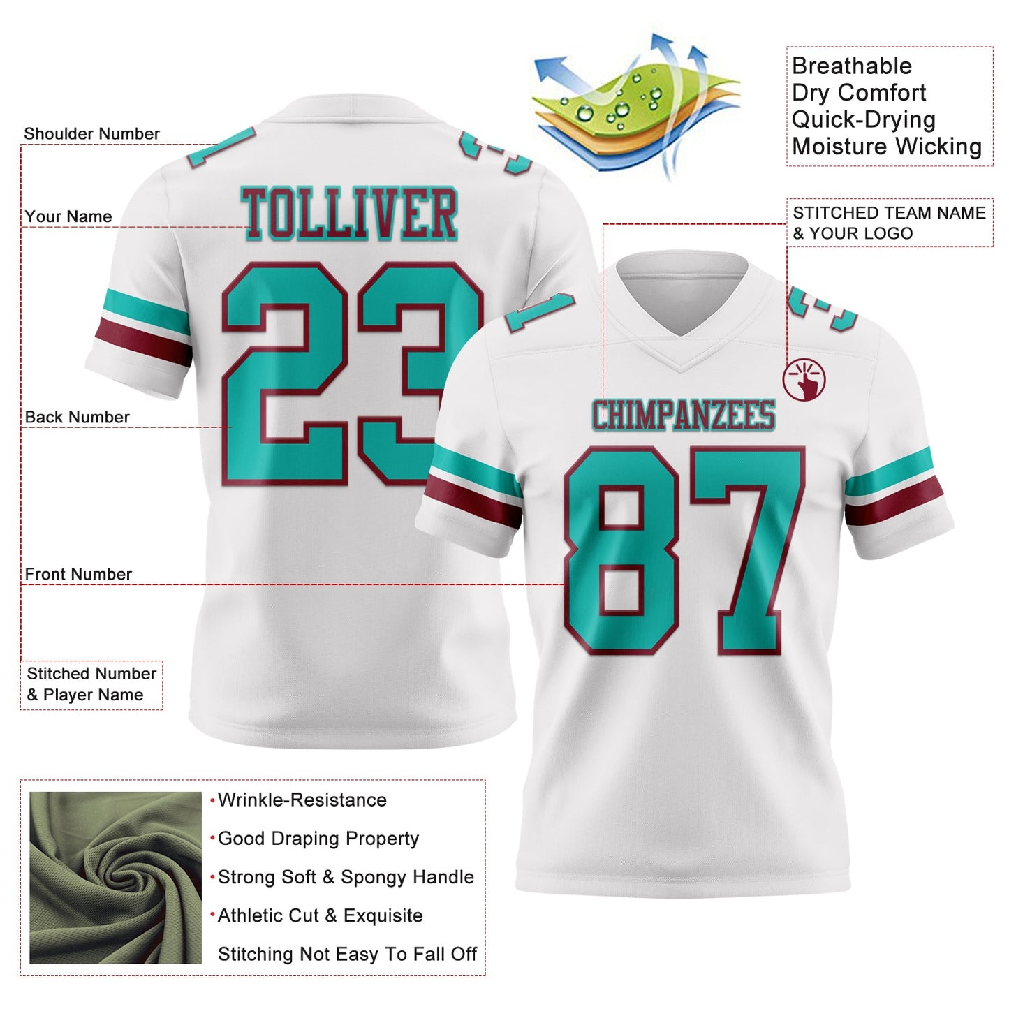 Custom White Aqua-Crimson Mesh Authentic Football Jersey - Sky-Custom