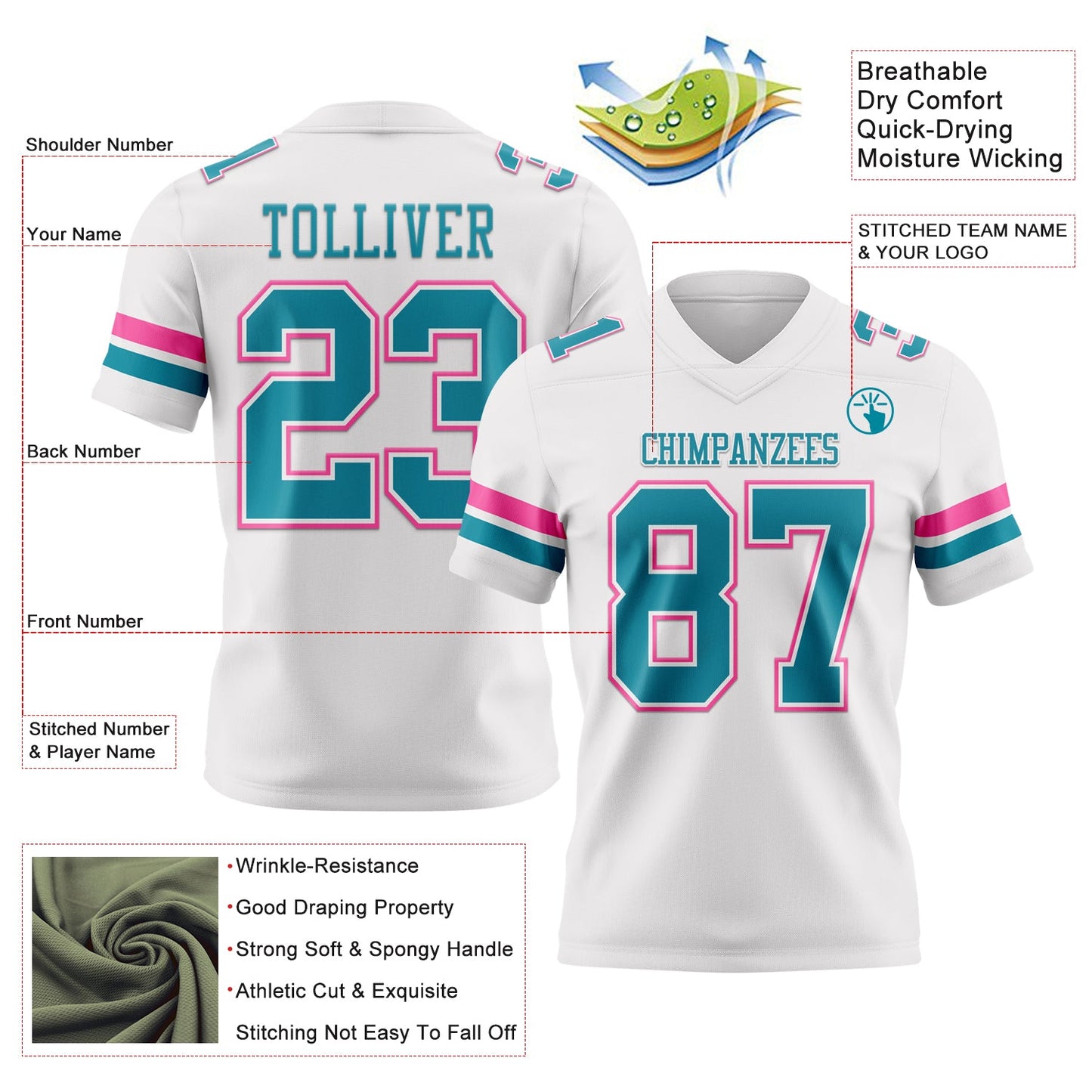 Custom White Teal-Pink Mesh Authentic Football Jersey - Sky-Custom