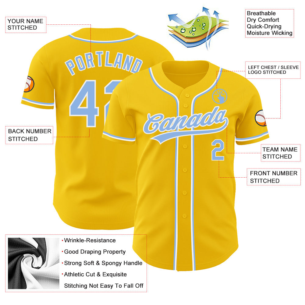 Custom Yellow Light Blue-White Authentic Baseball Jersey - Sky-Custom