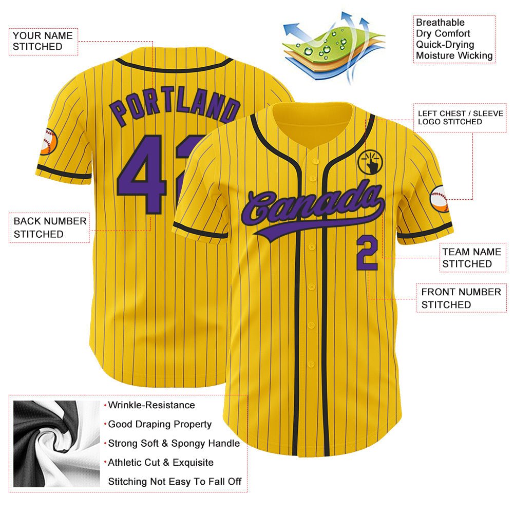 Custom Yellow Purple Pinstripe Black Authentic Baseball Jersey - Sky-Custom