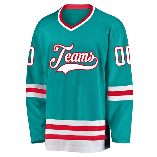 Custom Aqua White-Red Hockey Jersey - Sky-Custom