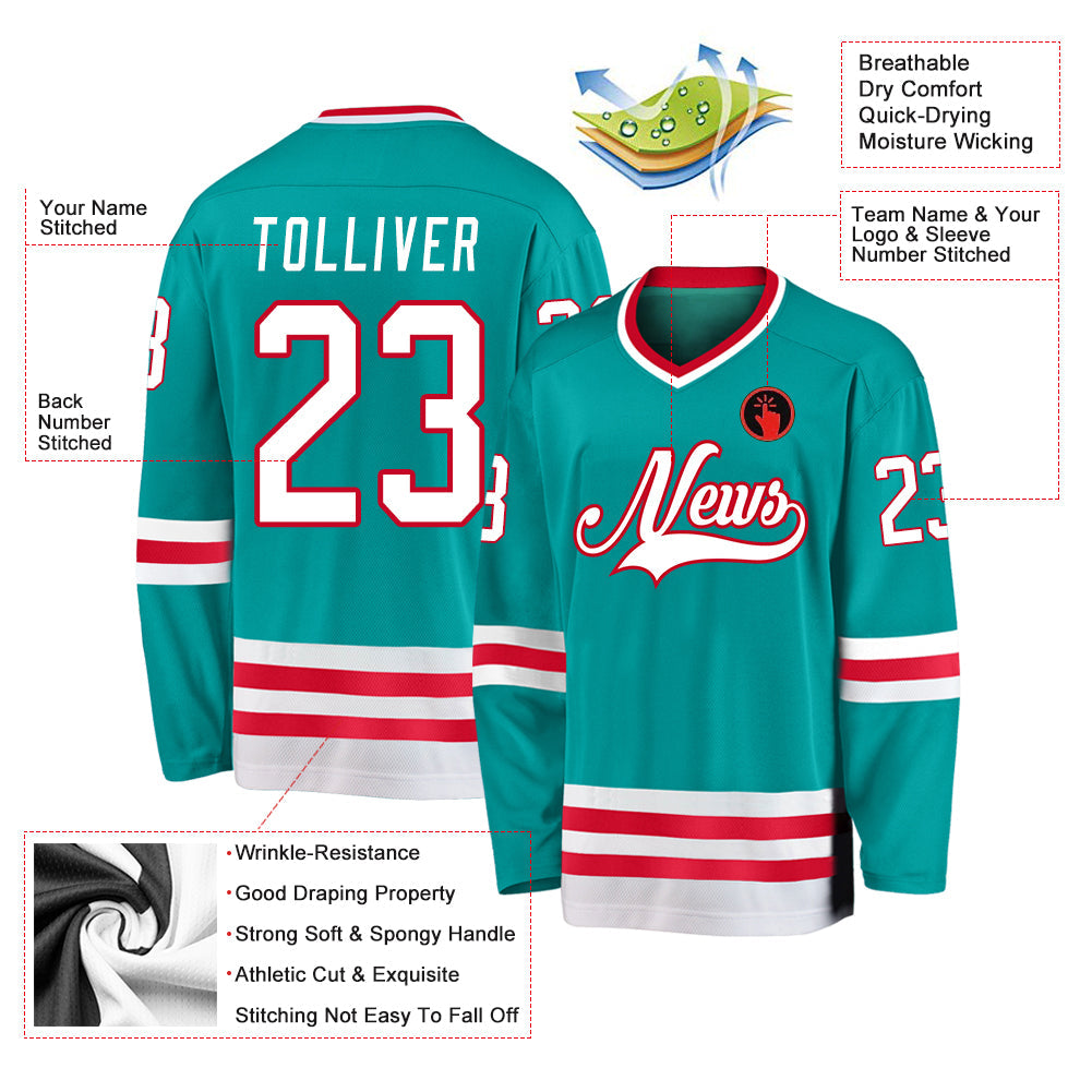 Custom Aqua White-Red Hockey Jersey - Sky-Custom