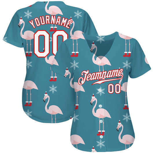 Custom Teal White-Red Christmas 3D Authentic Baseball Jersey - Sky-Custom