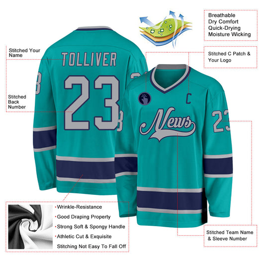 Custom Aqua Gray-Navy Hockey Jersey - Sky-Custom