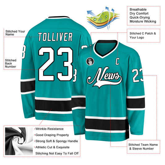 Custom Aqua White-Black Hockey Jersey - Sky-Custom