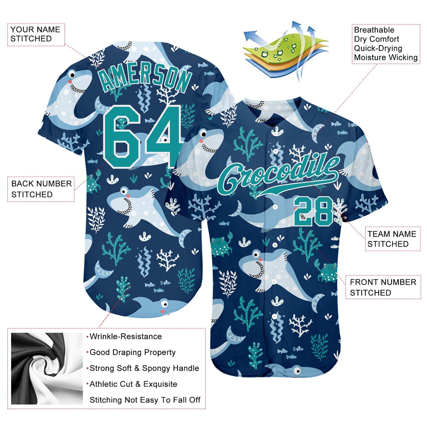 Custom Aqua Aqua-White 3D Pattern Design Sharks Authentic Baseball Jersey - Sky-Custom