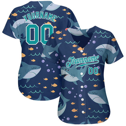 Custom Teal Teal-White 3D Pattern Design Sharks Authentic Baseball Jersey - Sky-Custom