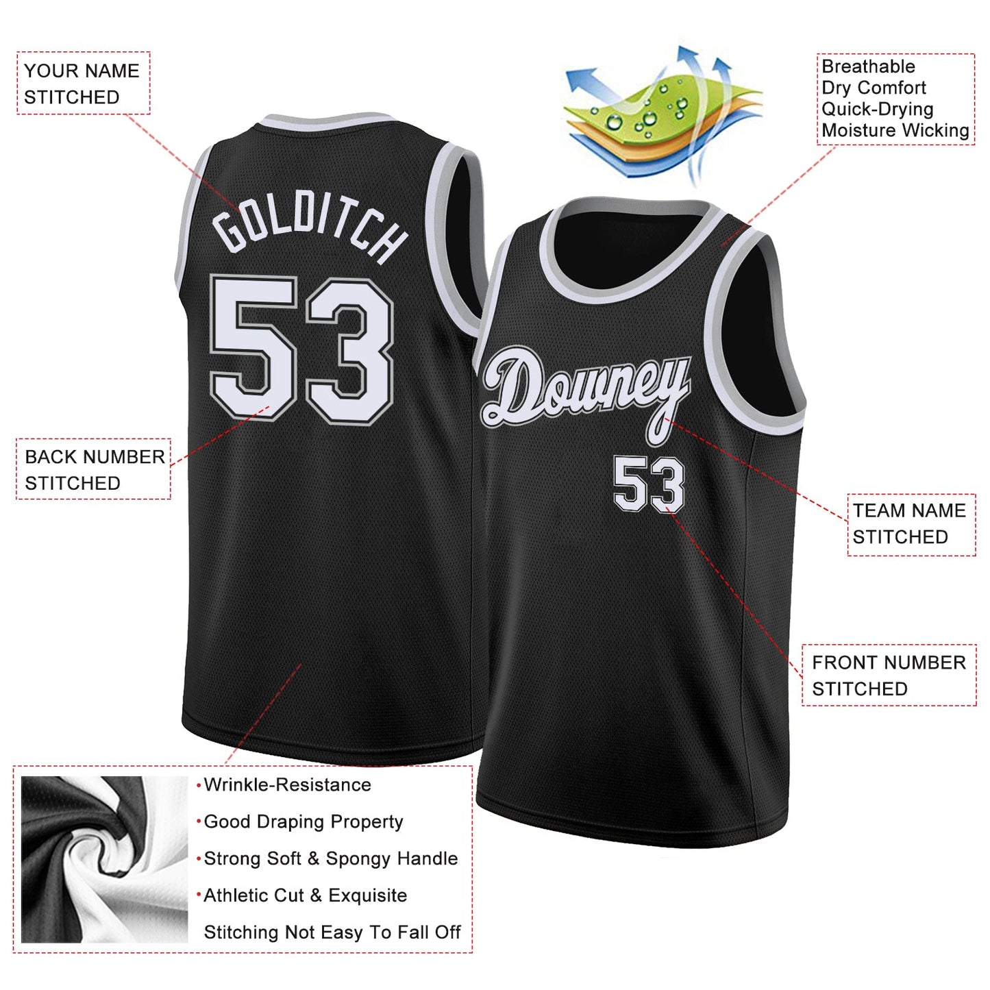 Custom Black White-Gray Round Neck Rib-Knit Basketball Jersey - Sky-Custom