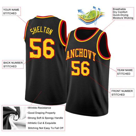 Custom Black Gold-Red Round Neck Rib-Knit Basketball Jersey - Sky-Custom