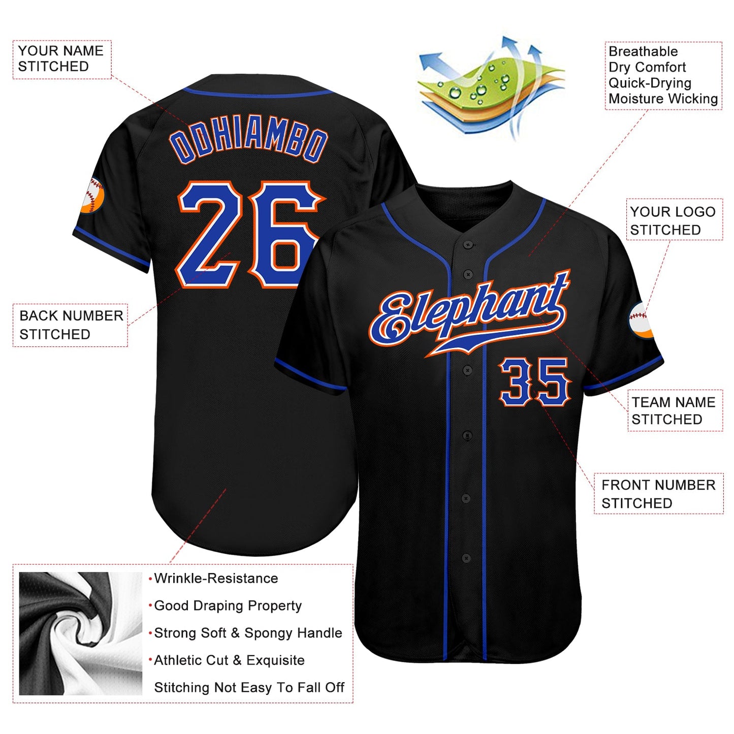 Custom Black Royal-Orange Authentic Baseball Jersey - Sky-Custom