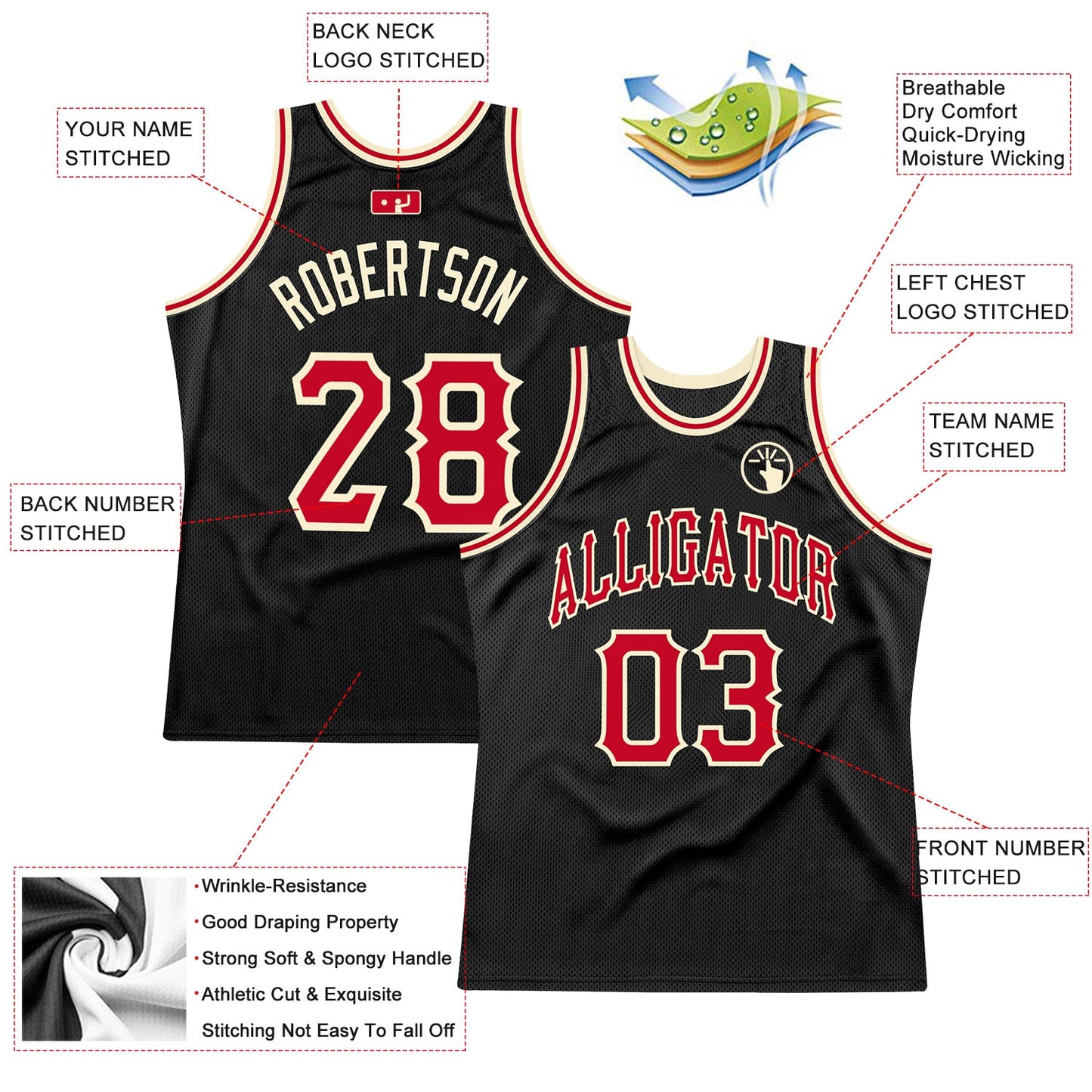 Custom Black Red-Cream Authentic Throwback Basketball Jersey - Sky-Custom