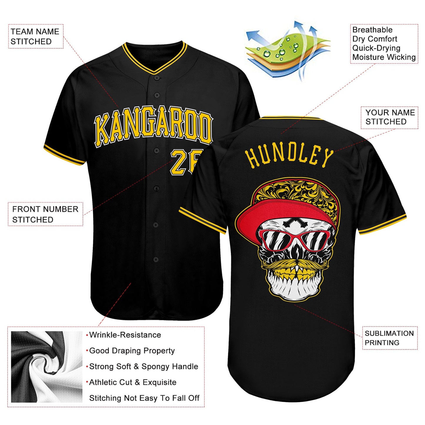 Custom Black Gold-White Authentic Skull Fashion Baseball Jersey - Sky-Custom
