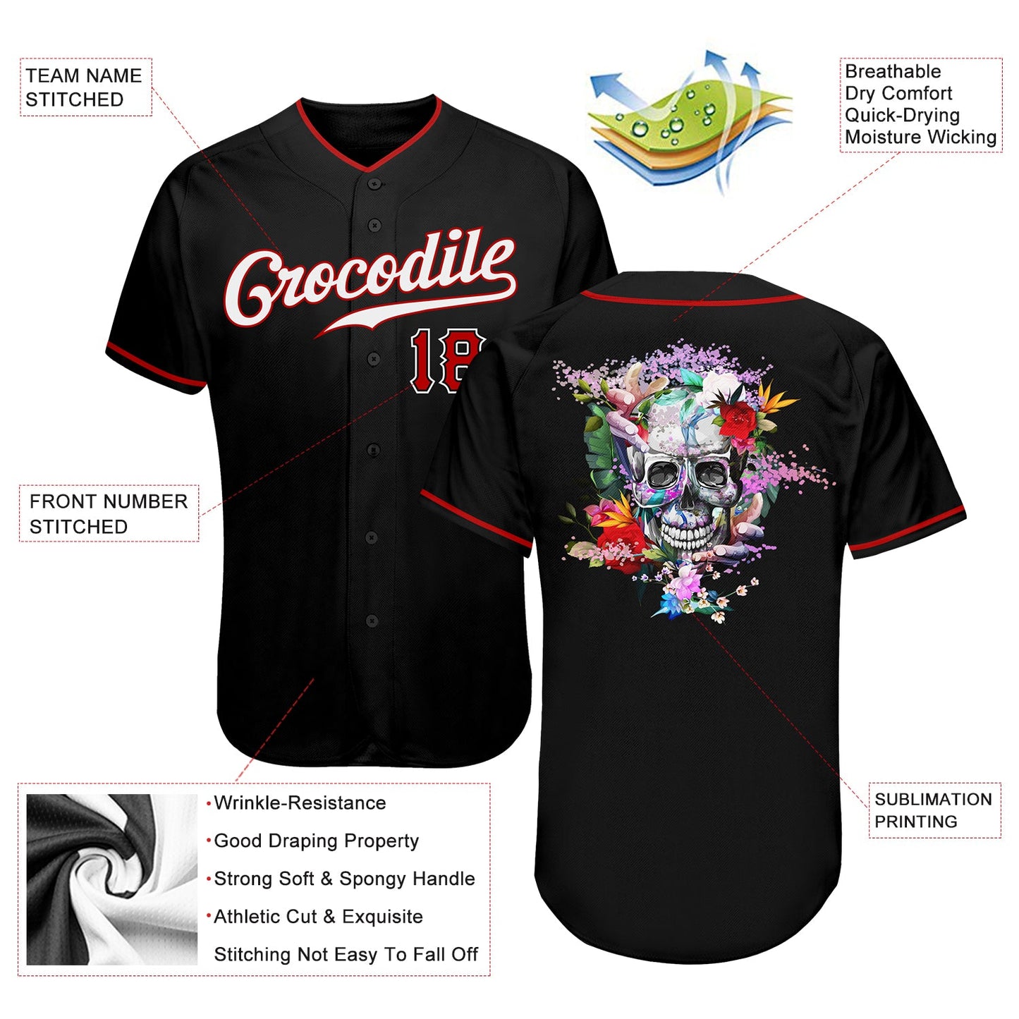 Custom Black White-Red Authentic Skull Fashion Baseball Jersey - Sky-Custom