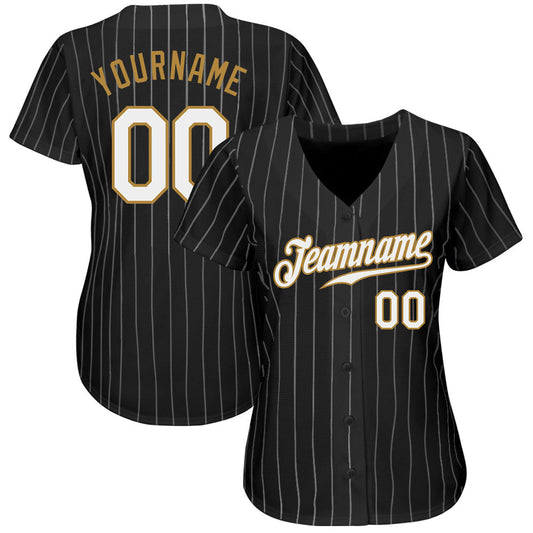 Custom Black White Pinstripe White-Old Gold Authentic Baseball Jersey - Sky-Custom