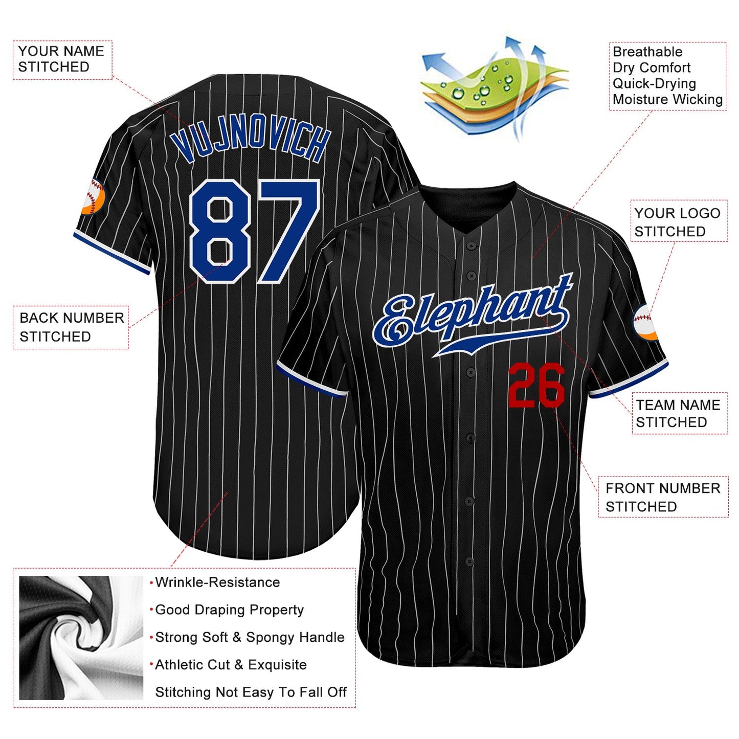Custom Black White Pinstripe Royal-Red Authentic Baseball Jersey - Sky-Custom