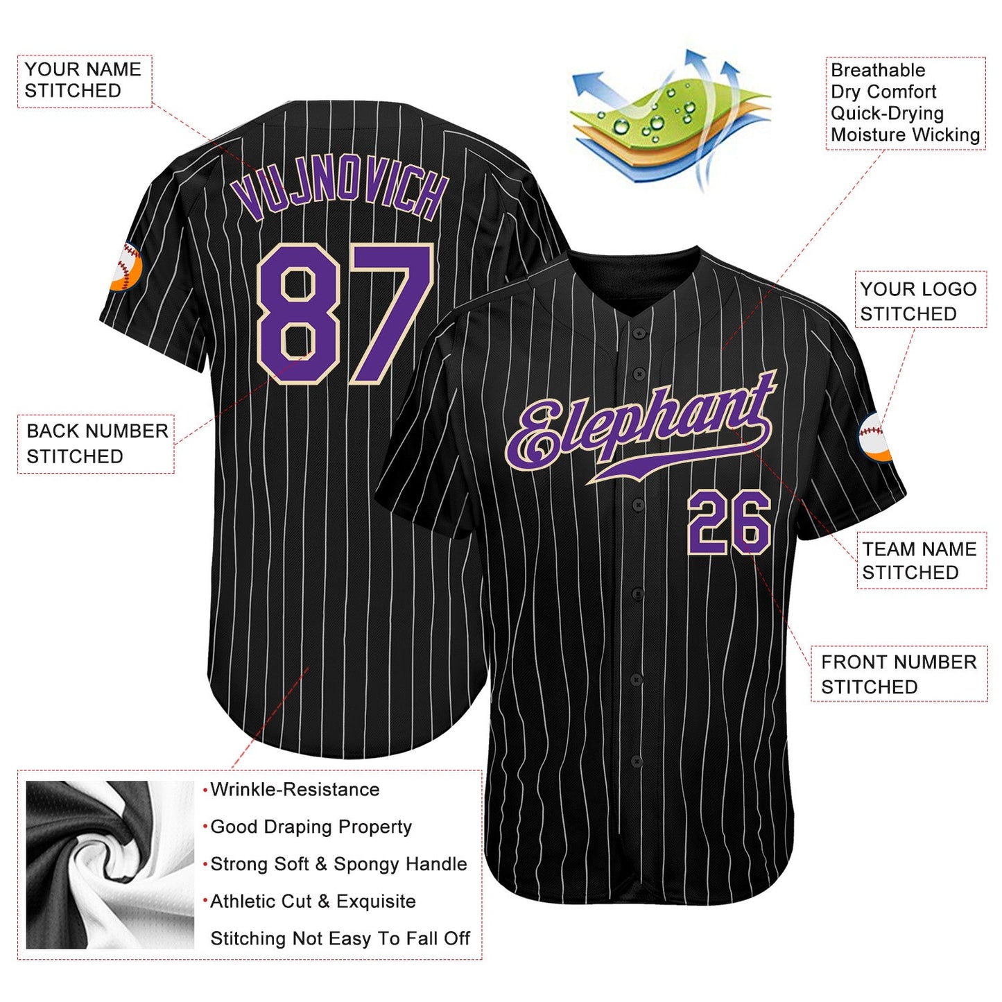 Custom Black White Pinstripe Purple-White Authentic Baseball Jersey - Sky-Custom