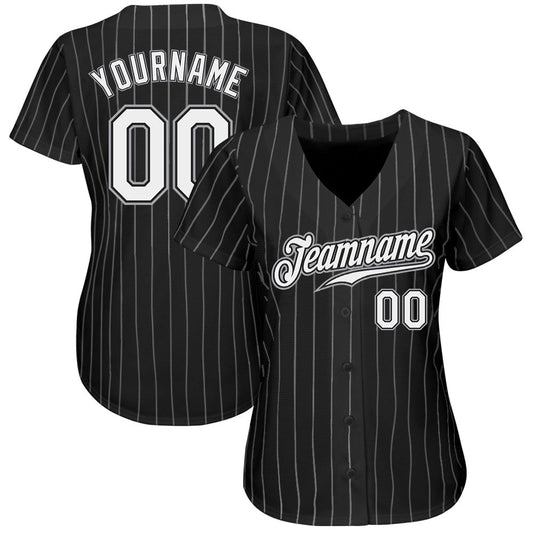 Custom Black White Pinstripe White-Gray Authentic Baseball Jersey - Sky-Custom