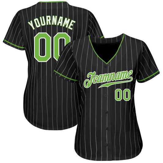 Custom Black White Pinstripe Neon Green-White Authentic Baseball Jersey - Sky-Custom