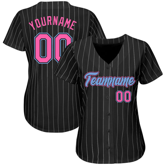 Custom Black White Pinstripe Pink-Light Blue Authentic Baseball Jersey - Sky-Custom