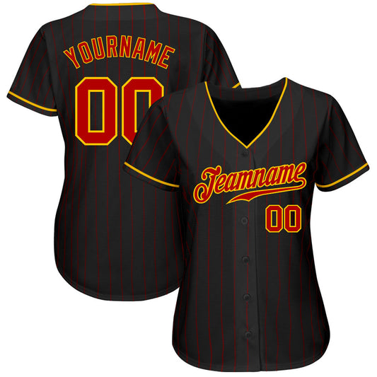 Custom Black Red Pinstripe Red-Gold Authentic Baseball Jersey - Sky-Custom