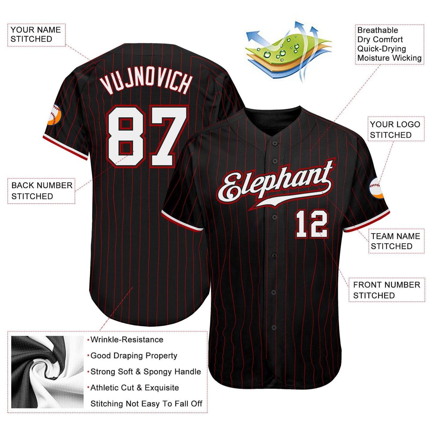Custom Black Red Pinstripe White-Red Authentic Baseball Jersey - Sky-Custom
