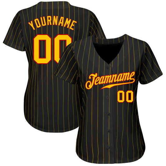 Custom Black Gold Pinstripe Gold-Red Authentic Baseball Jersey - Sky-Custom