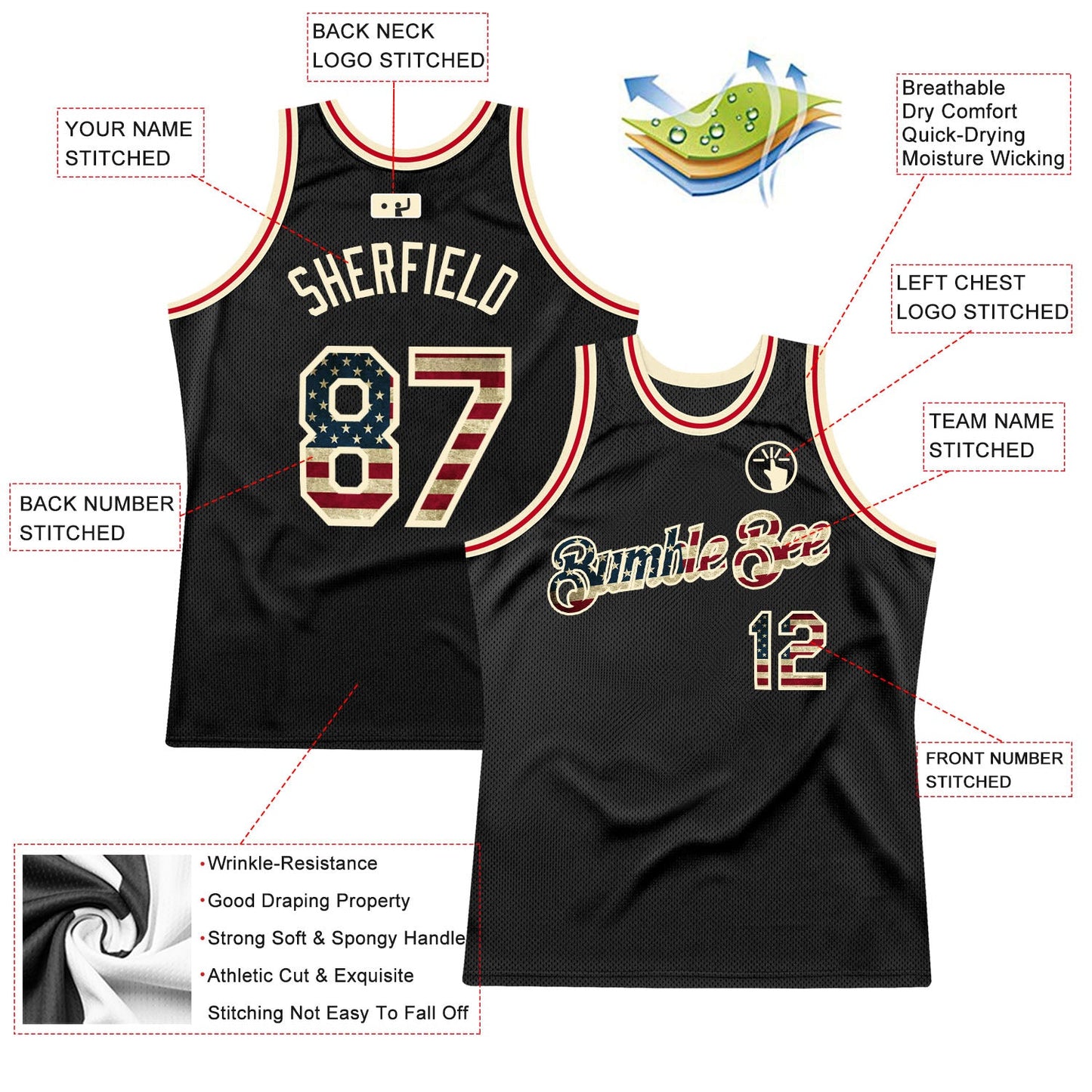 Custom Black Vintage USA Flag-Cream Authentic Throwback Basketball Jersey - Sky-Custom