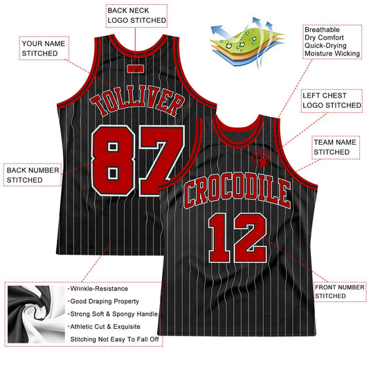 Custom Black White Pinstripe Red-White Authentic Basketball Jersey - Sky-Custom