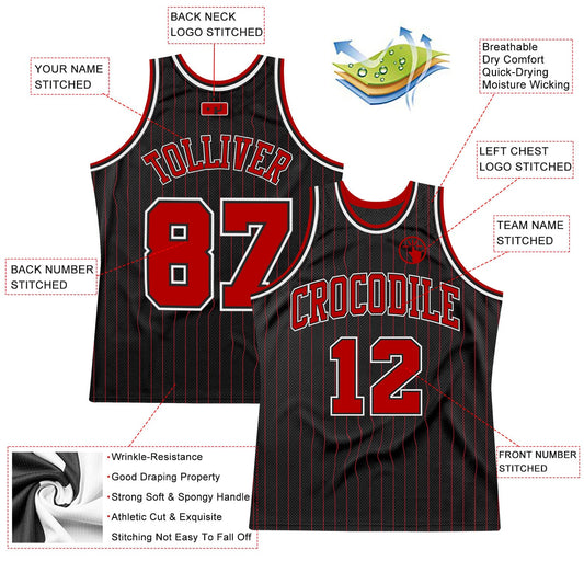 Custom Black Red Pinstripe Red-White Authentic Basketball Jersey - Sky-Custom