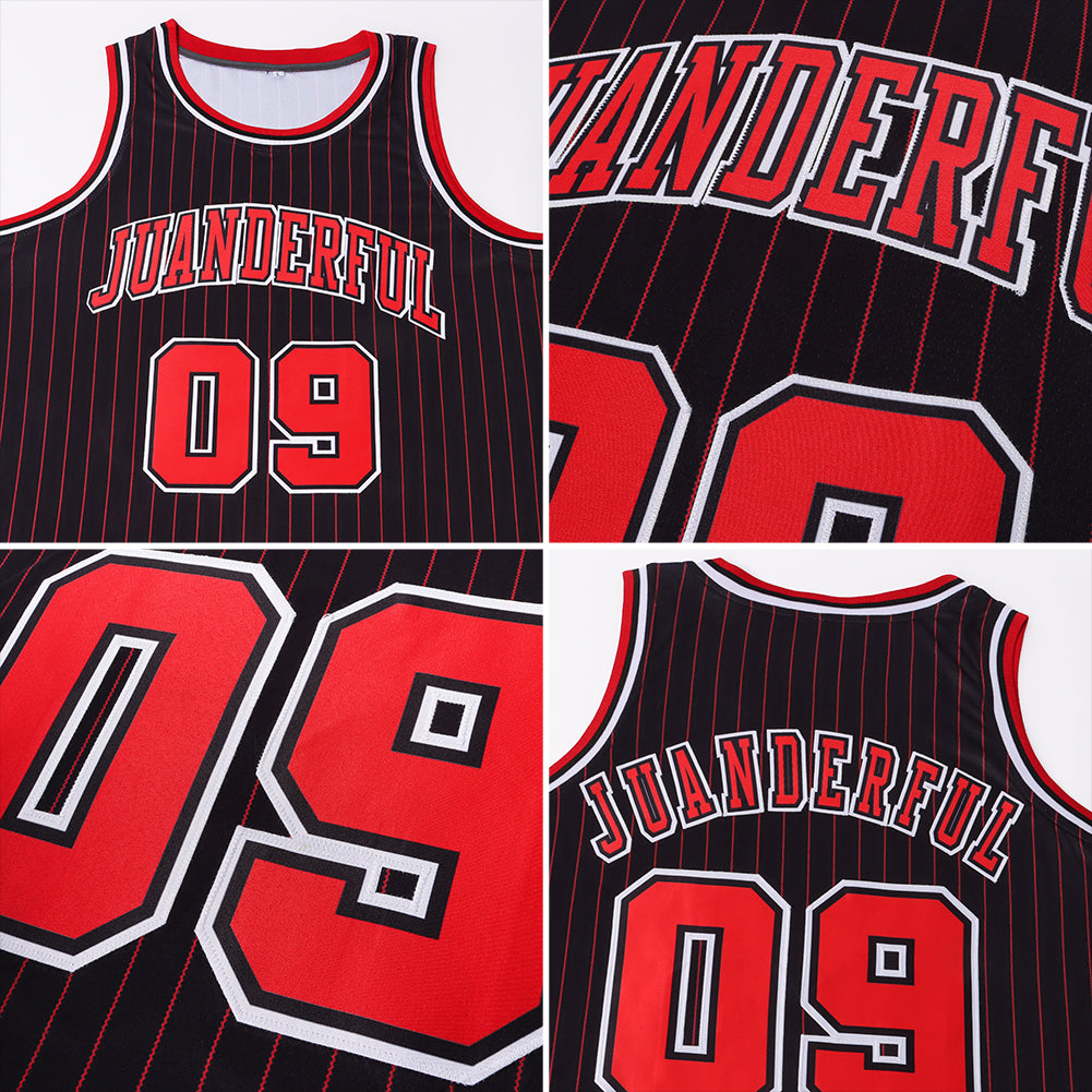 Custom Black Red Pinstripe Red-White Authentic Basketball Jersey - Sky-Custom