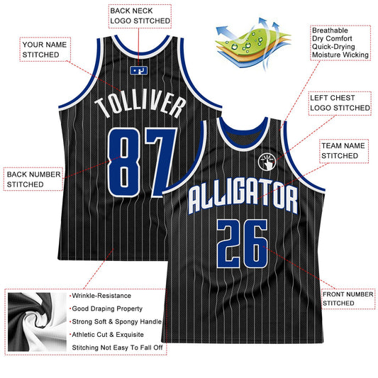 Custom Black White Pinstripe Royal-White Authentic Basketball Jersey - Sky-Custom