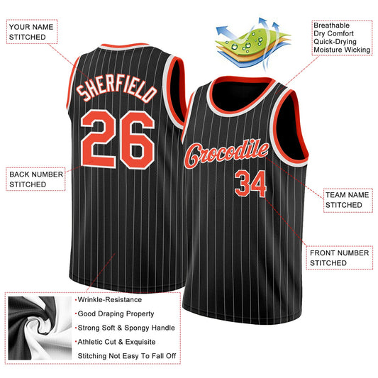 Custom Black White Pinstripe Orange-White Authentic Basketball Jersey - Sky-Custom