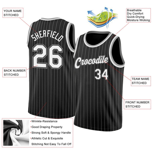 Custom Black White Pinstripe White-Gray Authentic Basketball Jersey - Sky-Custom