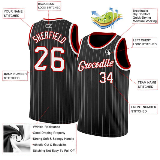 Custom Black White Pinstripe White-Red Authentic Basketball Jersey - Sky-Custom