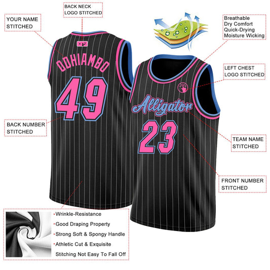 Custom Black White Pinstripe Pink-Light Blue Authentic Basketball Jersey - Sky-Custom