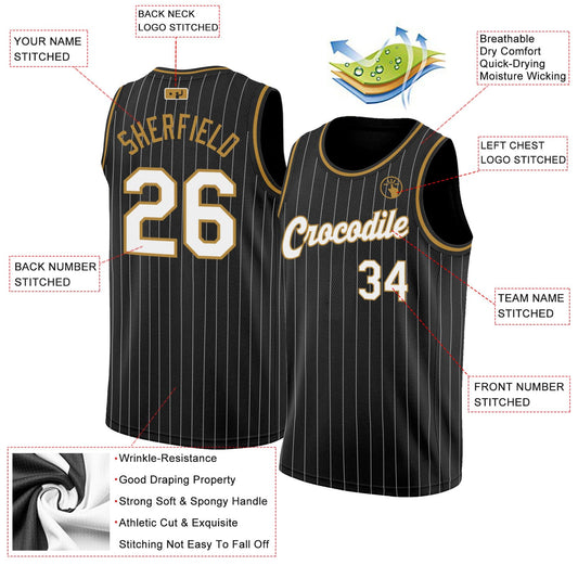 Custom Black White Pinstripe White-Old Gold Authentic Basketball Jersey - Sky-Custom