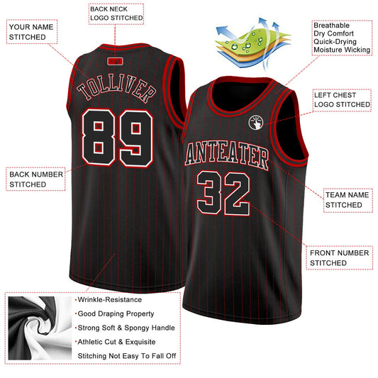 Custom Black Red Pinstripe Black-White Authentic Basketball Jersey - Sky-Custom
