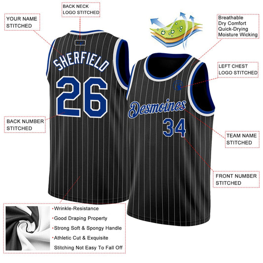 Custom Black White Pinstripe Royal-White Authentic Basketball Jersey - Sky-Custom